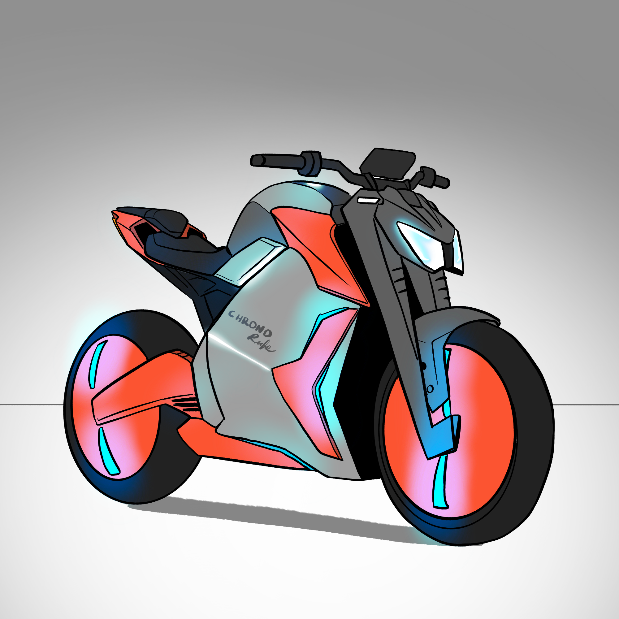 A cool futuristic looking motorbike in bright colours of electric pink and blue has a screen on the handle bars. On the side of the bike it says ChronoRide.
