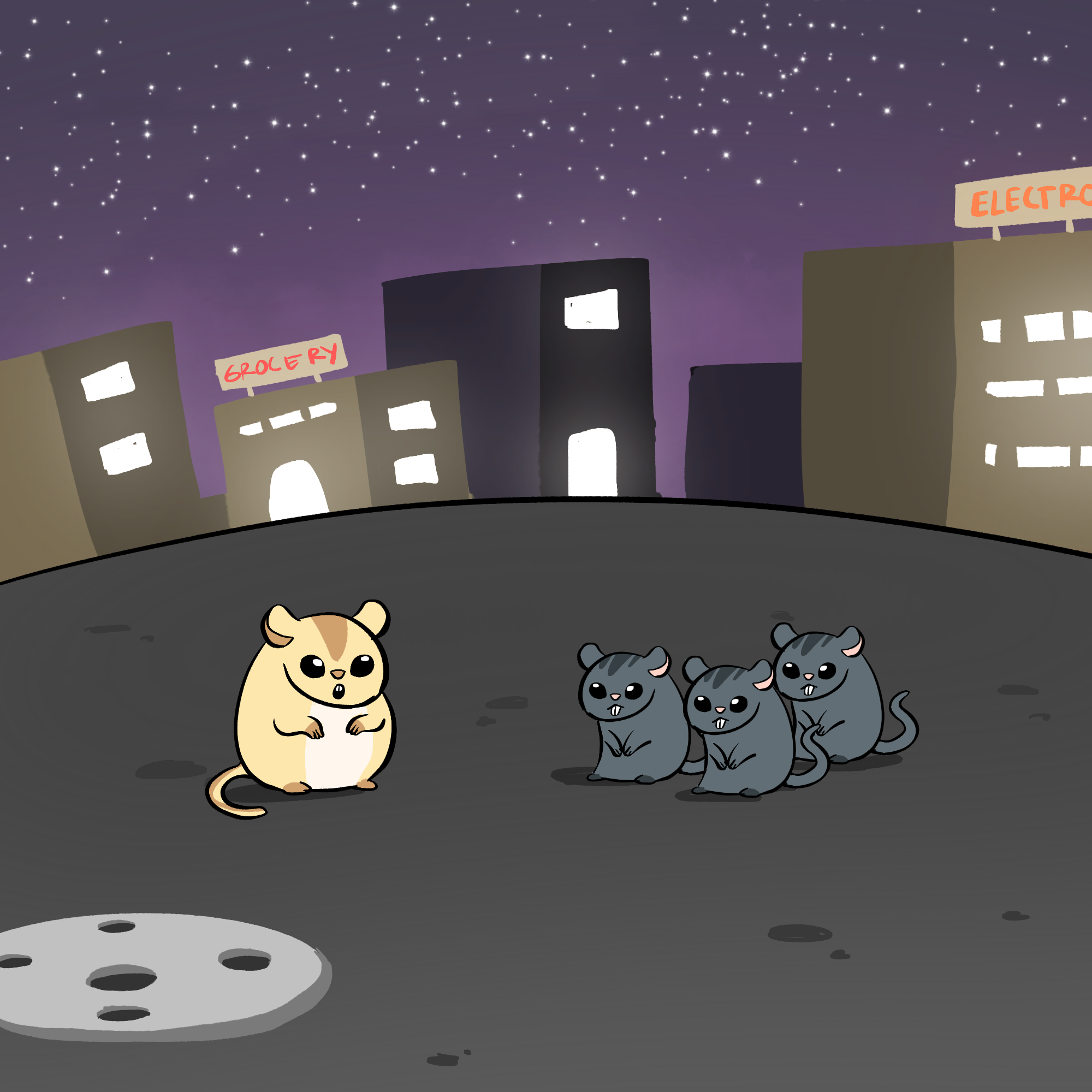 A starry night scene with shops in the background. A gerbil is talking to three henchmen gerbils.