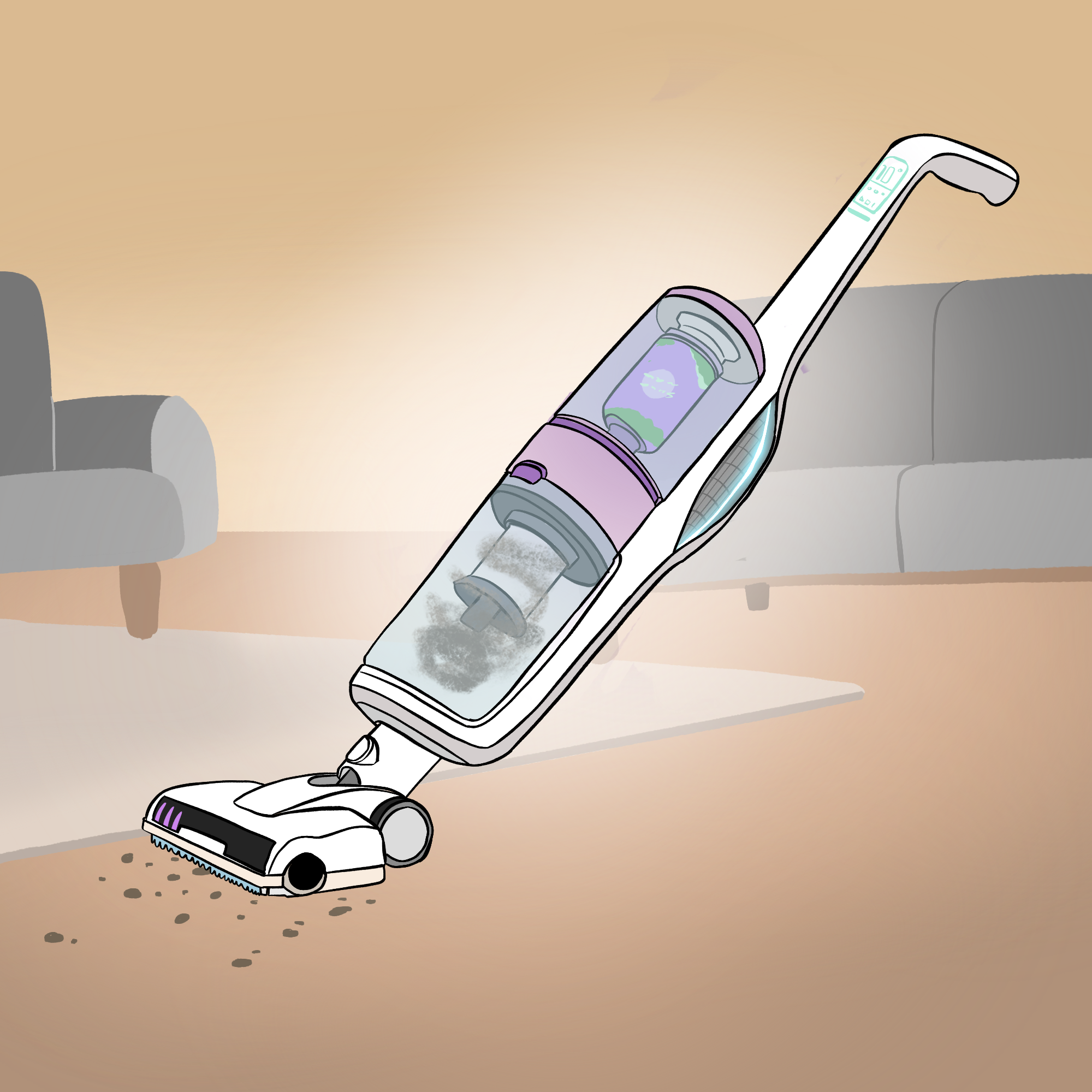 A vacuum cleaner is sucking up dust and dirt from a nice living room with two sofas in it and a rug. The vacuum has a transparent body so you can see the dust being collected in the bottom half of the chamber. In the top half is a purple and green canister which contains the fresh perfume.