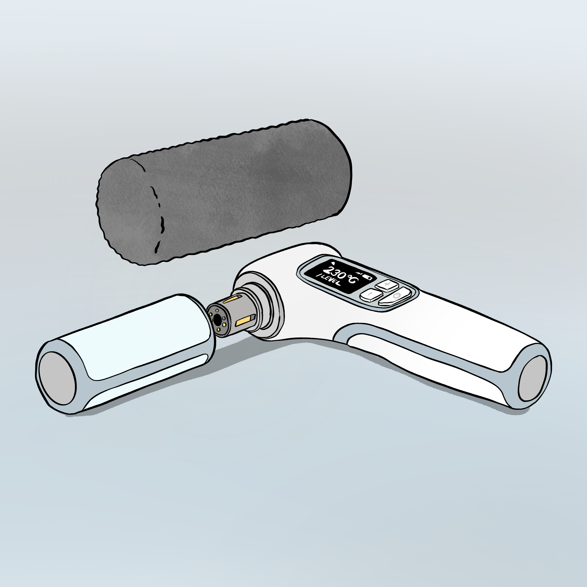On a blank table lays a handle for an implement which has some buttons and a readout display showing 230 degrees C. Next to it is a roller and above it is a fluffy roller which is used for applying paint.