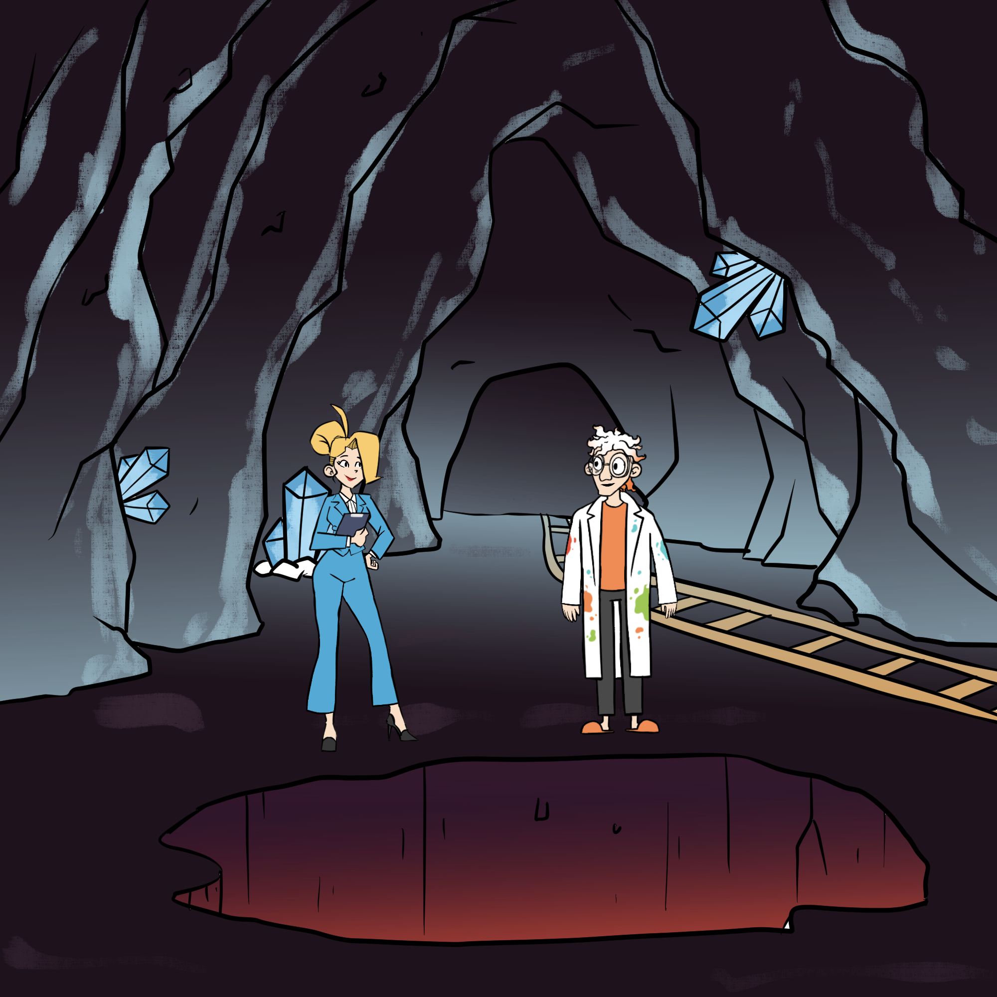 Jenny and Dr Splatterjacket are standing in the mine next to a hole.
