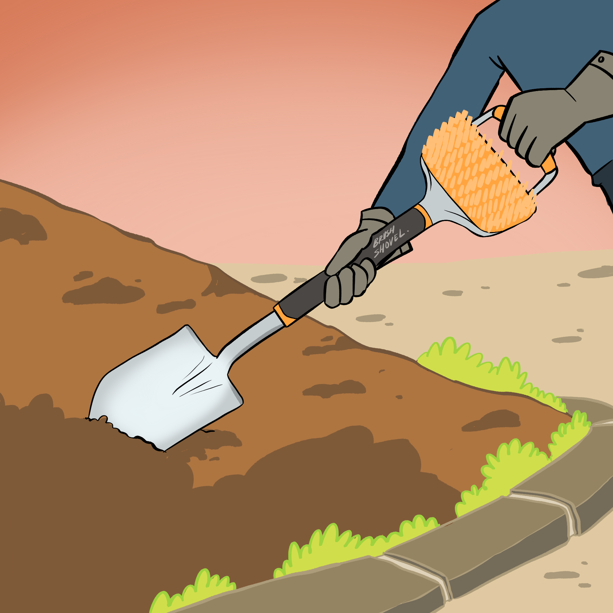 A brown patch of dirt in a garden with a bit of grass at the edge is being dug into by a man wielding a shovel while wearing gloves and a blue shirt. On the shovel just under the handle is an orange brush. On the handle of the shovel is the word BrushShovel.