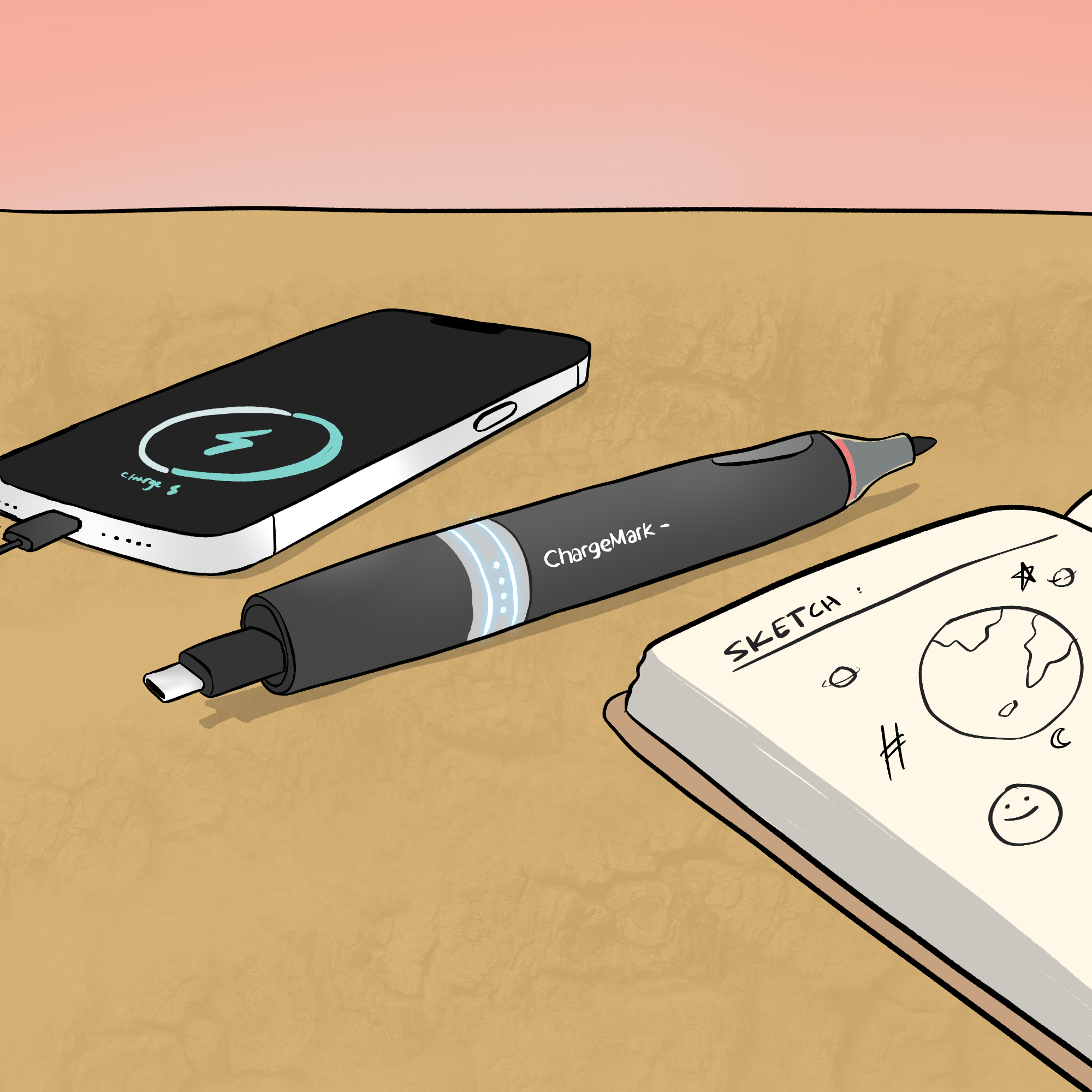 On a brown table lies a phone which is being charged, a notebook with lots of sketches in it and in between them sits a pen, which at one end has a USB C charger on it and at the other end has a pen. On the barrel of the pen is an indicator of remaining charge and a label that says ChargeMark.