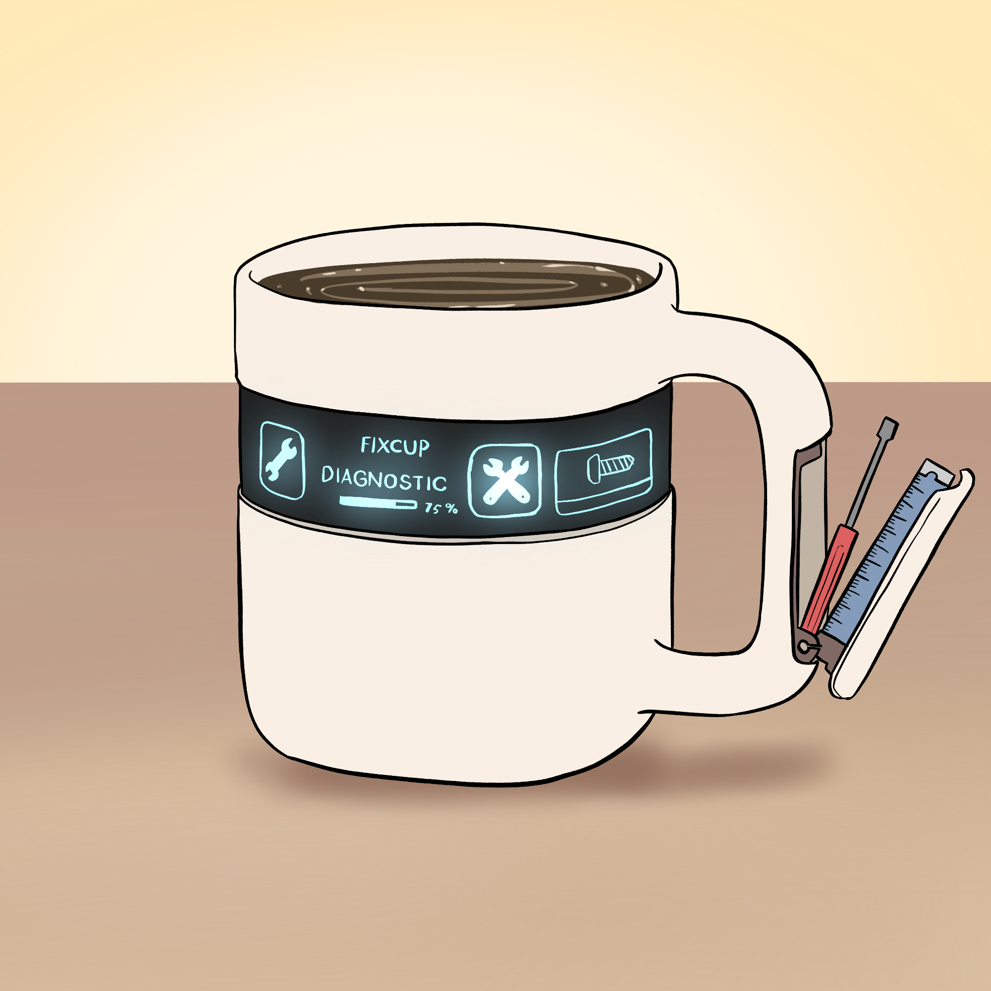 On a light brown table sits a mug containing a dark brown liquid. On the front of the mug is a screen showing spanners and screws and saying FixCup Diagnostic with 75% completed on a progress bar. Coming out of the handle of the mug is a screwdriver and a measuring tape.