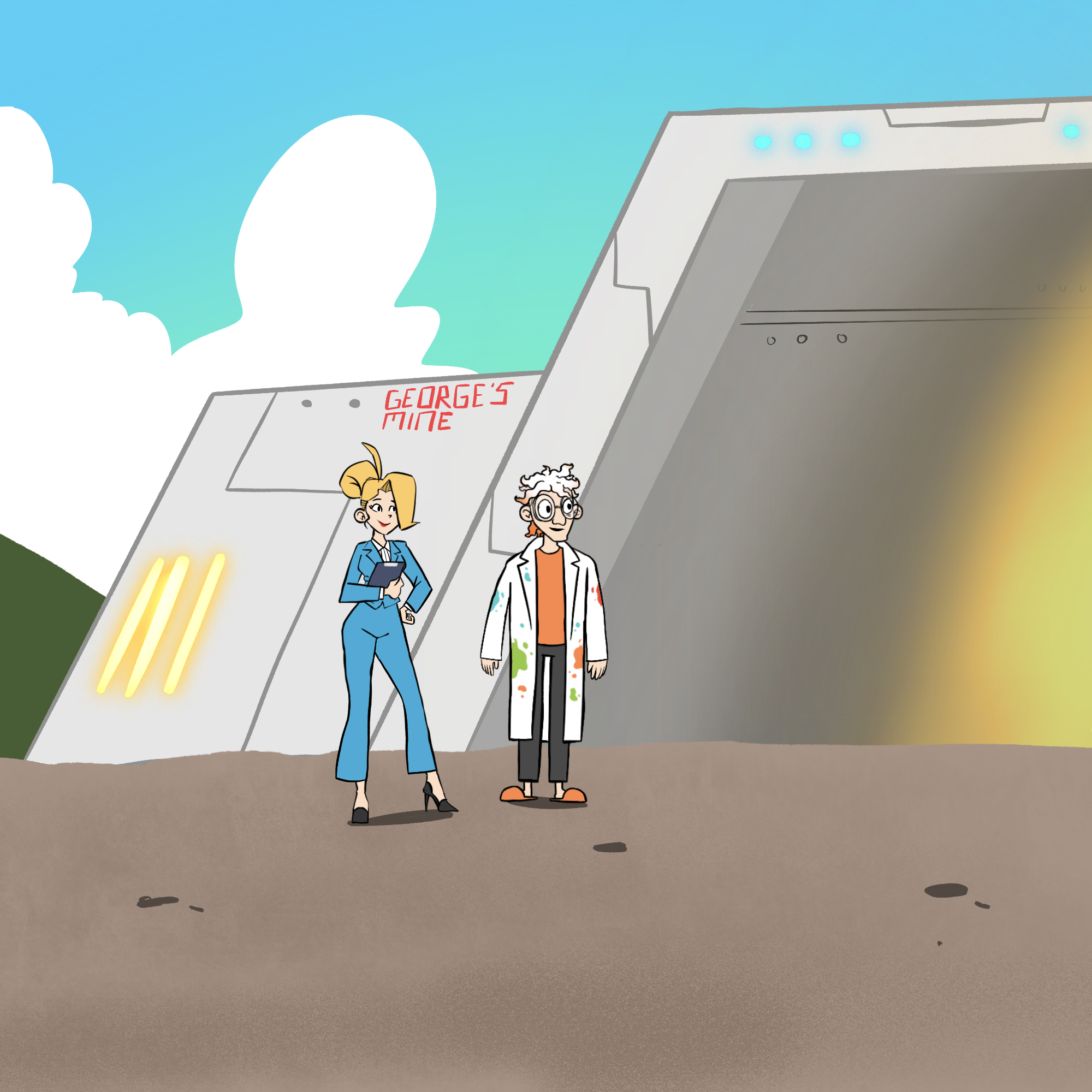 Jenny and Dr Splatterjacket are standing outside of a fancy looking mine which says George's mine on it.