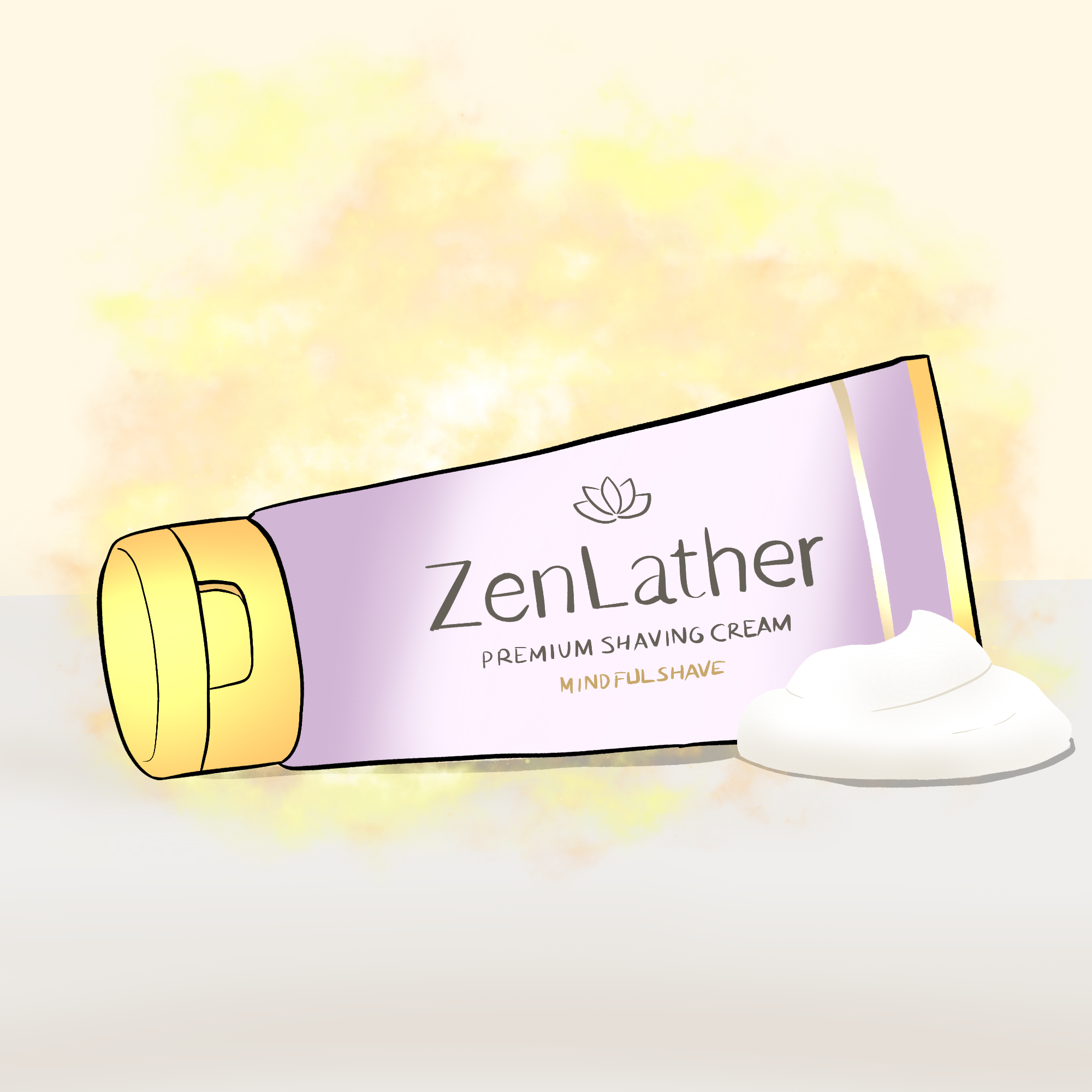 A pink tube with a a yellow cap is lying on a mottled pink and yellow background. On the tube it says “ZenLather. Premium shaving cream. Mindful Shave.” There is a squeezed out twirl of cream next to the tube.