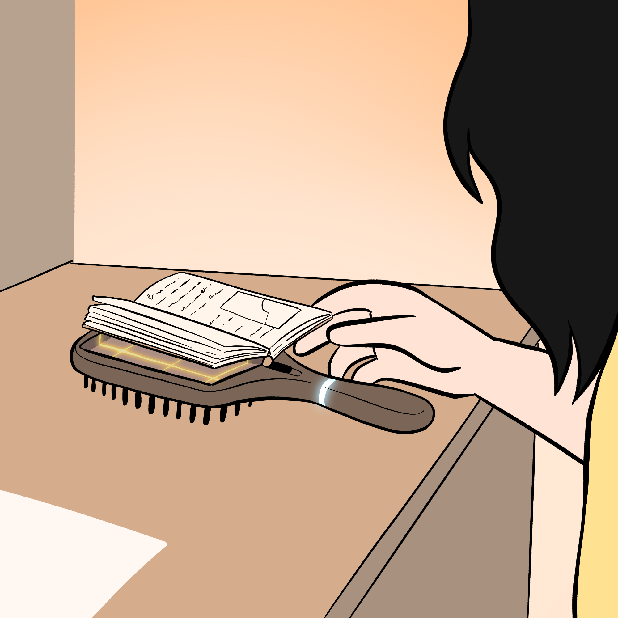 A hairbrush is sitting on a table. In the back of the hairbrush is a book with writing and some diagrams in it. A woman with wavy black hair is reaching out to pick up the combination hairbrush and book.
