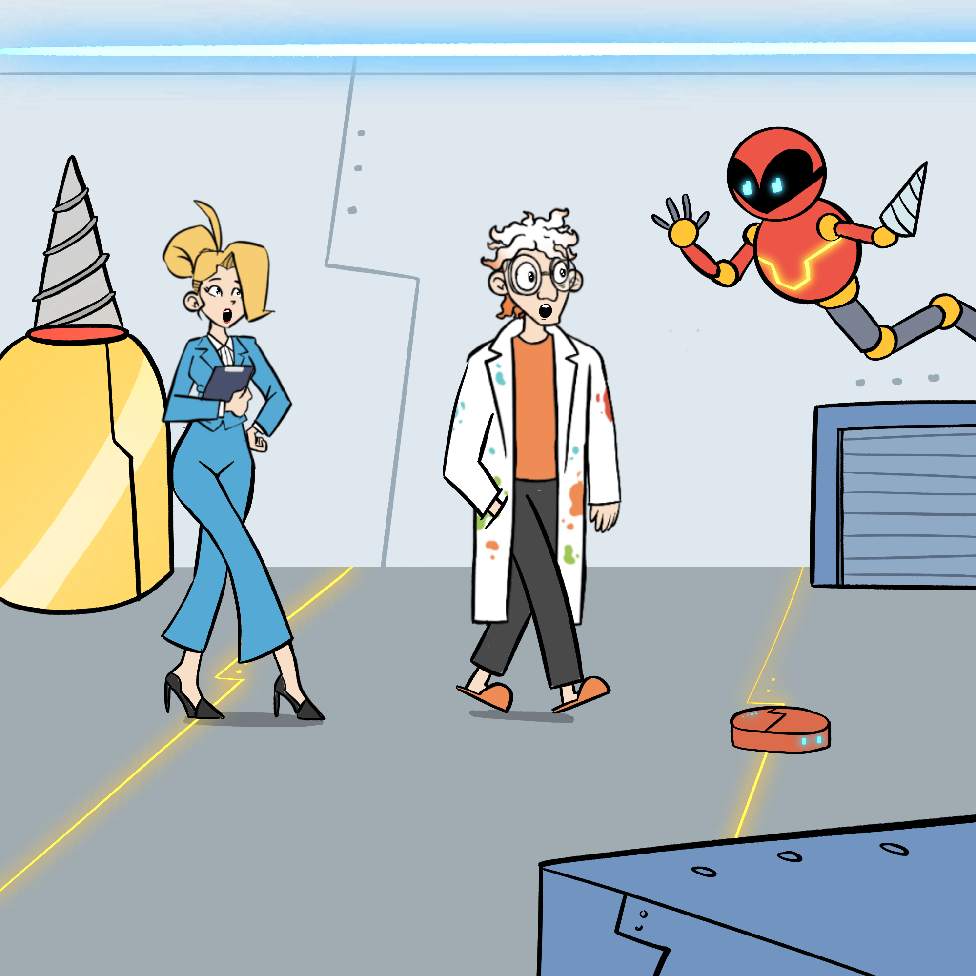 Jenny and Dr Splatterjacket walking through a cool futuristic looking room. It has a yellow drill on the floor, also a round puck shaped device which seems to be sensing things. And a robot who seems to be attached to the wall and has a drill as an arm.