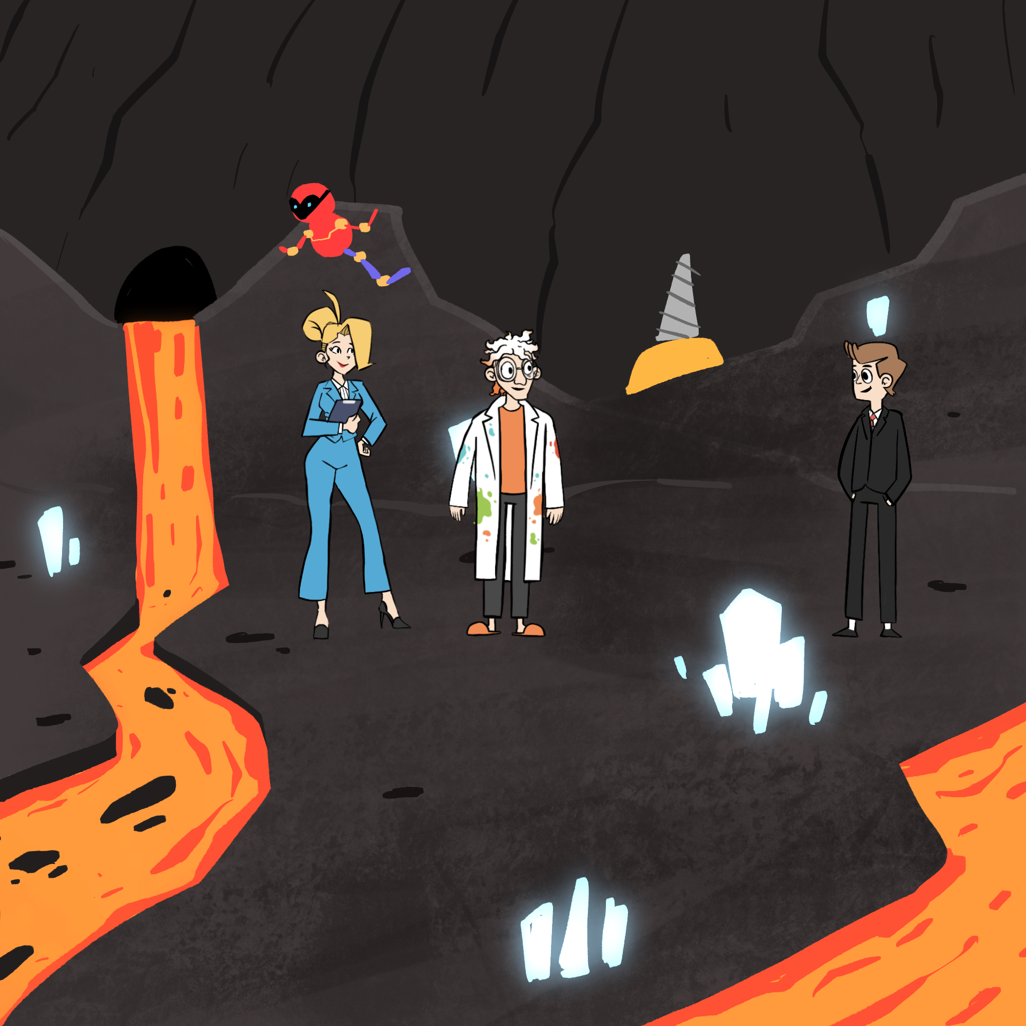Jenny and Dr Splatterjacket confront George. They are all standing in a tunnel in the mine. The tunnel has two magma flows, lots of crystals, a yellow drill and a red and organge drill robot.