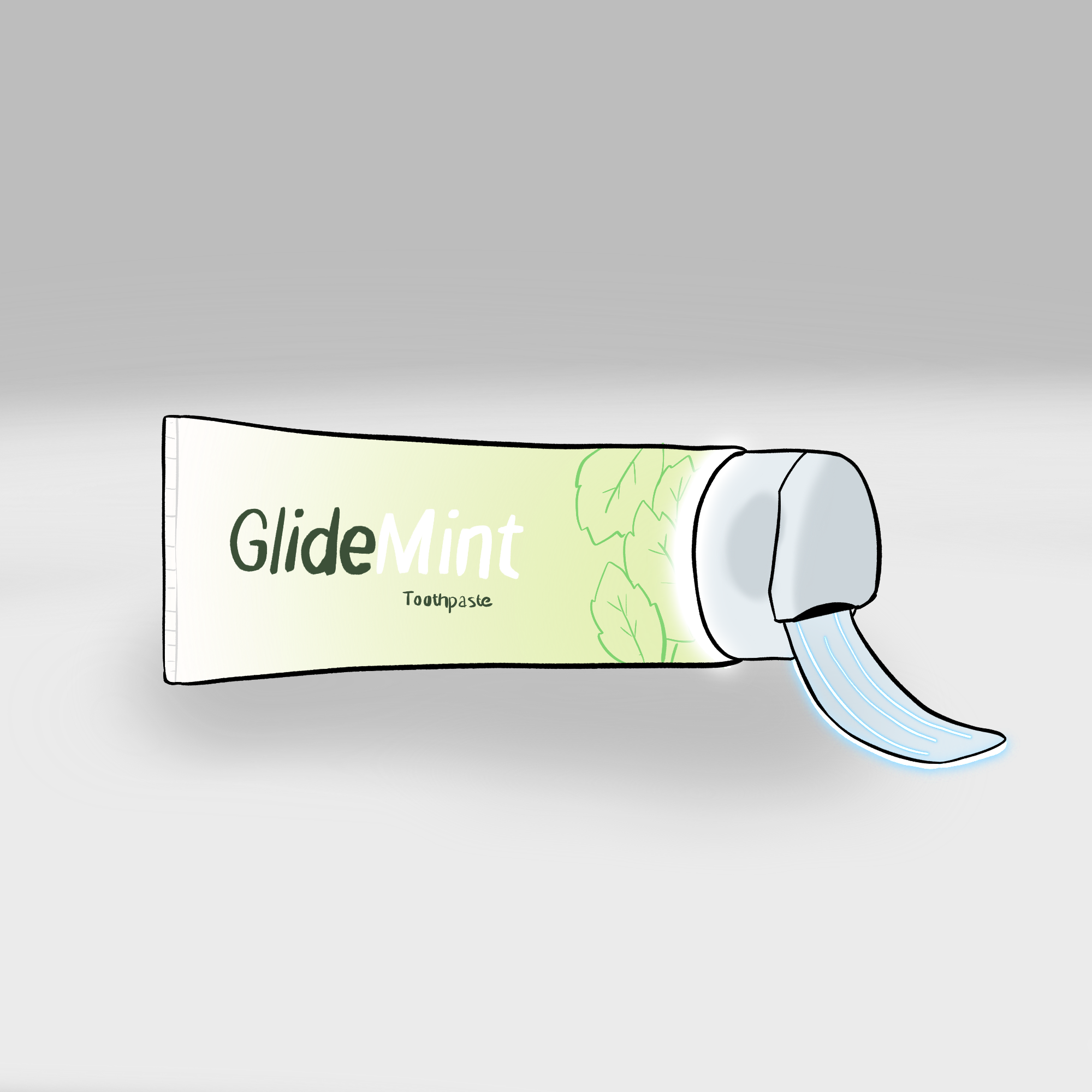 On a grey background is a tube of toothpaste with some toothpaste coming out in a kind of strip rather than the normal way toothpaste comes out. The toothpaste has glowing blue stripes in it. The tube is green with some outlines of some mint leaves. On the tube it says GlideMint Toothpaste.