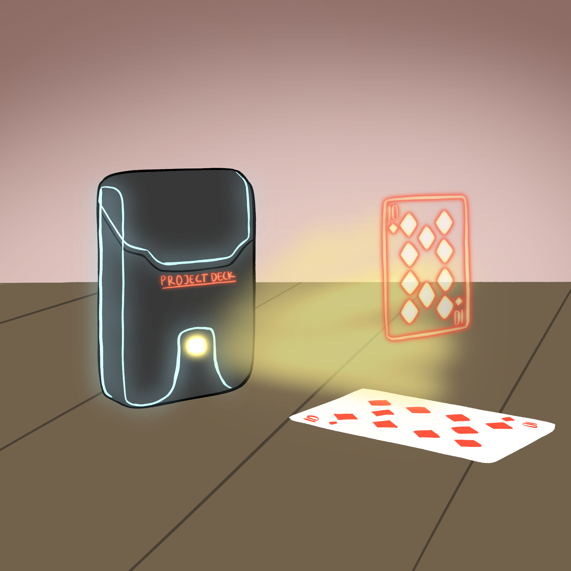 On a wooden table stands a black box with blue embossing the word ProjectDeck on it in red. In the middle of the box is a light which is projecting out of it… where it is projecting to shows a red illuminated card floating in the air. It is the 10 of diamonds. Lying on the table under the floating card is a real card of the 10 of diamonds.